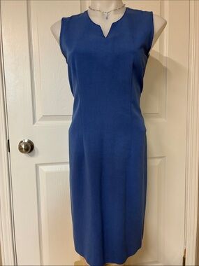 Cobalt Blue Midi Shift Dress with Notch Neck, Linen Blend, Sleeveless, Scalloped